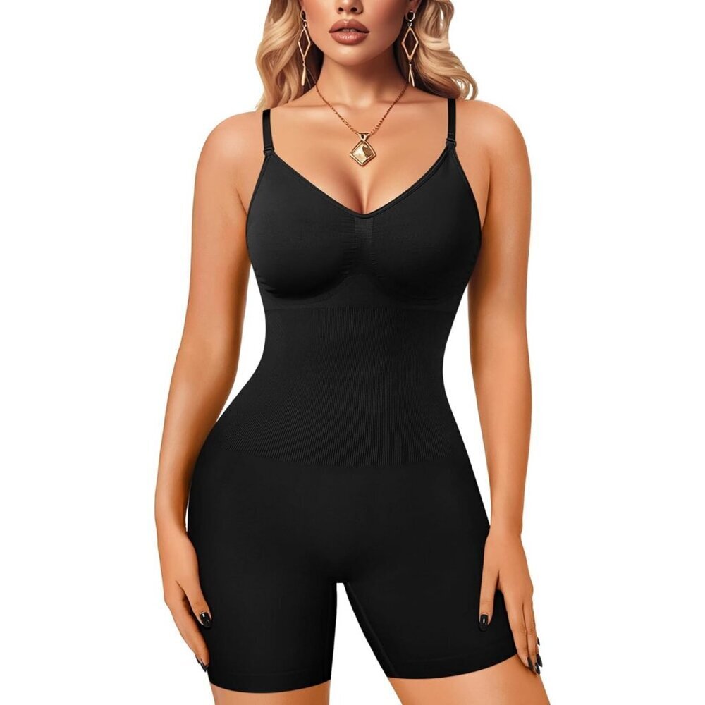 Women's Mid Thigh Black Bodysuits Shapewear Bodycon Jumpsuit Tops Body Shaper